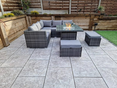 Megan Outdoor Garden Grey Rattan Corner Sofa and Square Firepit Dining Set