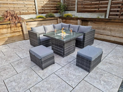 Megan Outdoor Garden Grey Rattan Corner Sofa and Square Firepit Dining Set