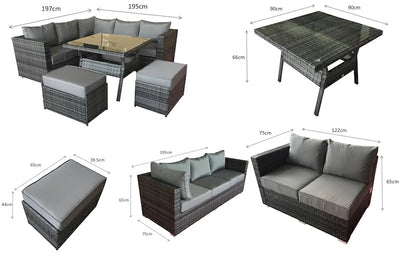 Megan Outdoor Garden Grey Rattan Corner Sofa and Square Firepit Dining Set
