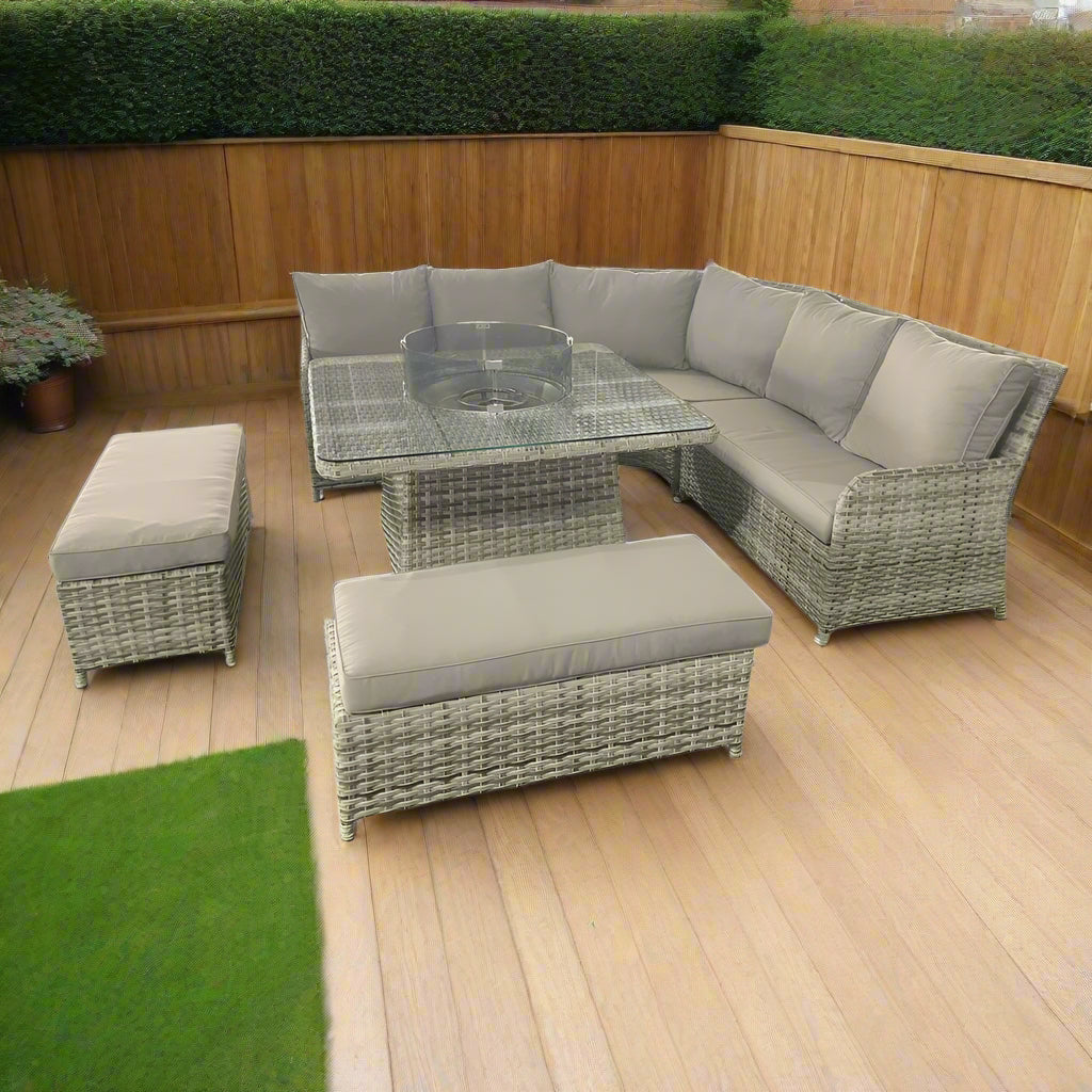 Ella Grey Garden Corner Sofa Outdoor Fire Pit Set Table & Cushion Set