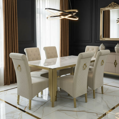 Mayfair 180CM Gold Marble Dining Table With Lucy Gold Ring Knocker Quilted Dining Chairs