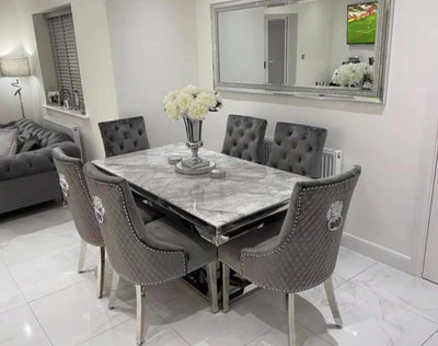 Denver Marble & Chrome Dining Table With Lion Knocker Quilted Velvet Chairs