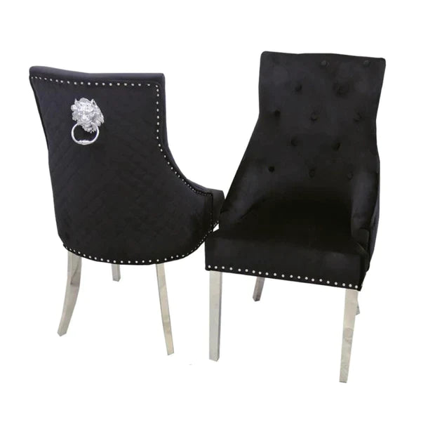 Ottavia 180cm Marble & Chrome Dining Table With Quilted Lion Knocker Velvet Chairs