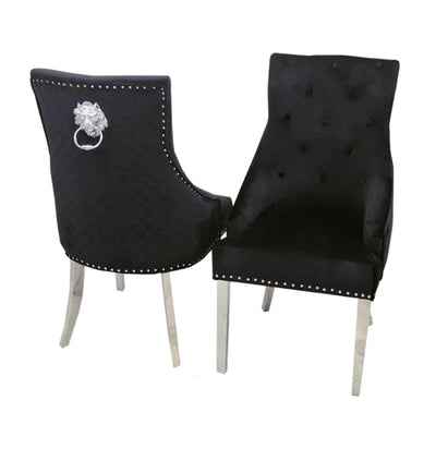 Ottavia 180cm Marble & Chrome Dining Table With Quilted Lion Knocker Velvet Chairs