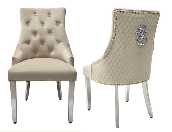 Ottavia 180cm Marble & Chrome Dining Table With Quilted Lion Knocker Velvet Chairs