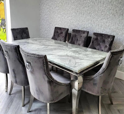 Louis Marble & Chrome Dining Table With Chrome Ring Knocker Velvet Chairs