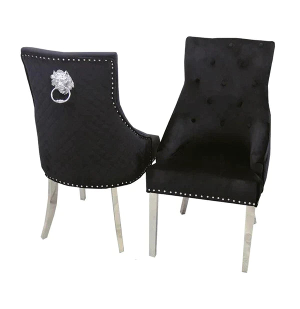 Venice 180cm Marble & Chrome Dining Table With Quilted Lion Knocker Velvet Chairs