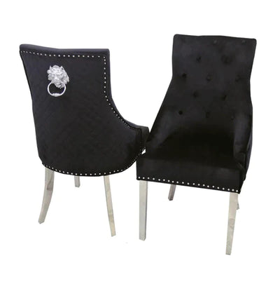 Venice 180cm Marble & Chrome Dining Table With Quilted Lion Knocker Velvet Chairs