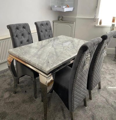 Louis 120CM Marble & Chrome Dining Table With Lucy Slim Quilted Lion Knocker Velvet Chairs