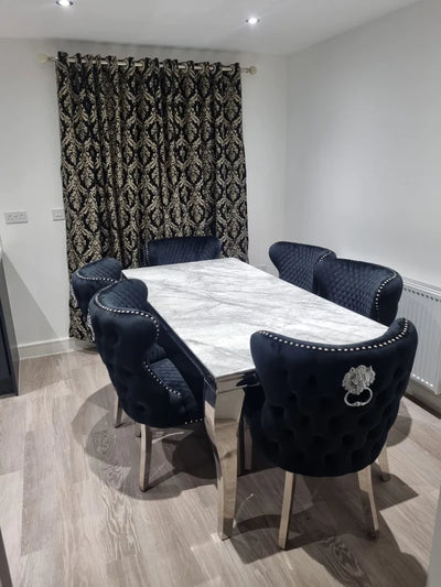 Louis Marble & Chrome Dining Table With Valentino Lion Knocker Velvet Chairs