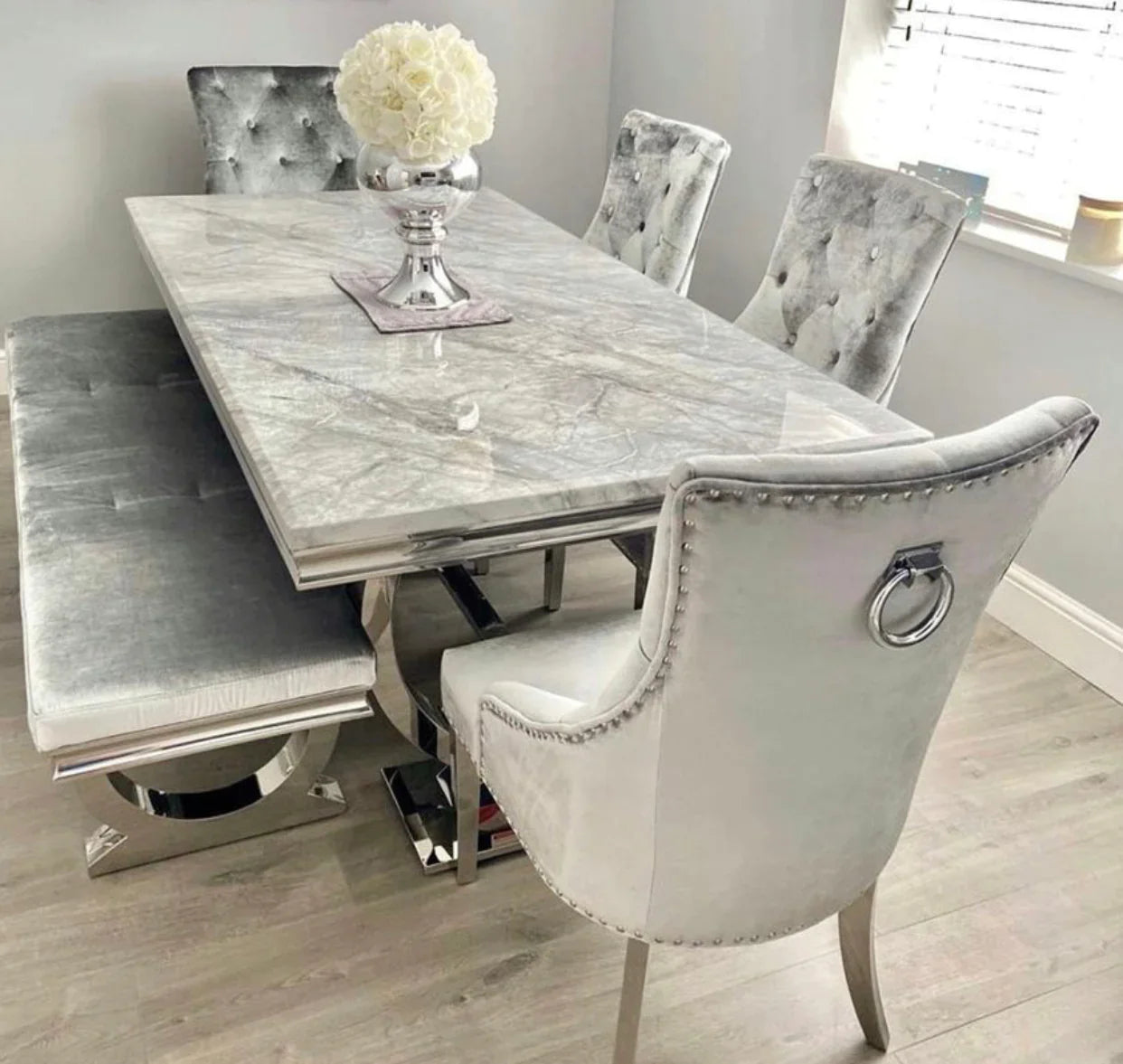 Arianna 150cm Grey Marble Dining Table + Belle Grey Velvet Dining Chairs + Grey 130cm Bench