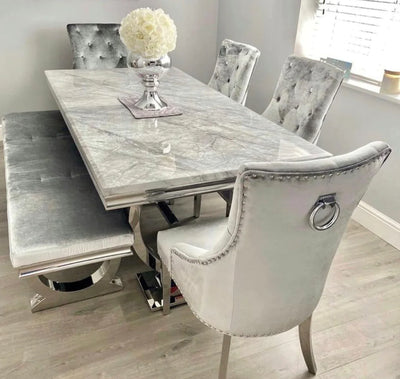 Arianna 150cm Grey Marble Dining Table + Belle Grey Velvet Dining Chairs + Grey 130cm Bench