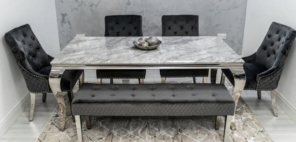 Louis Marble & Chrome Dining Table With Quilted Lion Knocker Velvet Chairs & Majestic 140cm Bench