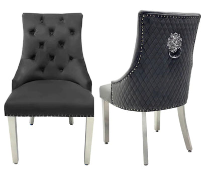 Ottavia 180cm Marble & Chrome Dining Table With Quilted Lion Knocker Velvet Chairs