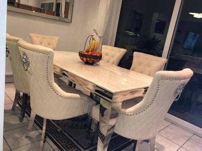 Louis Cream Marble Dining Table + Lion Knocker Quilted Dining Chairs