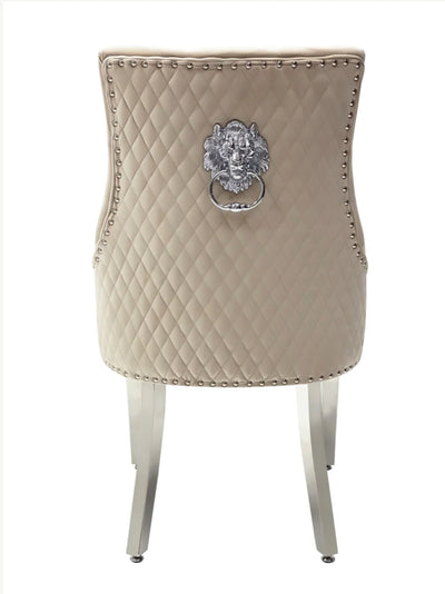 Louis Marble & Chrome Dining Table With Lion Knocker Velvet Chairs & High Back 130cm Bench - Esme Furnishings
