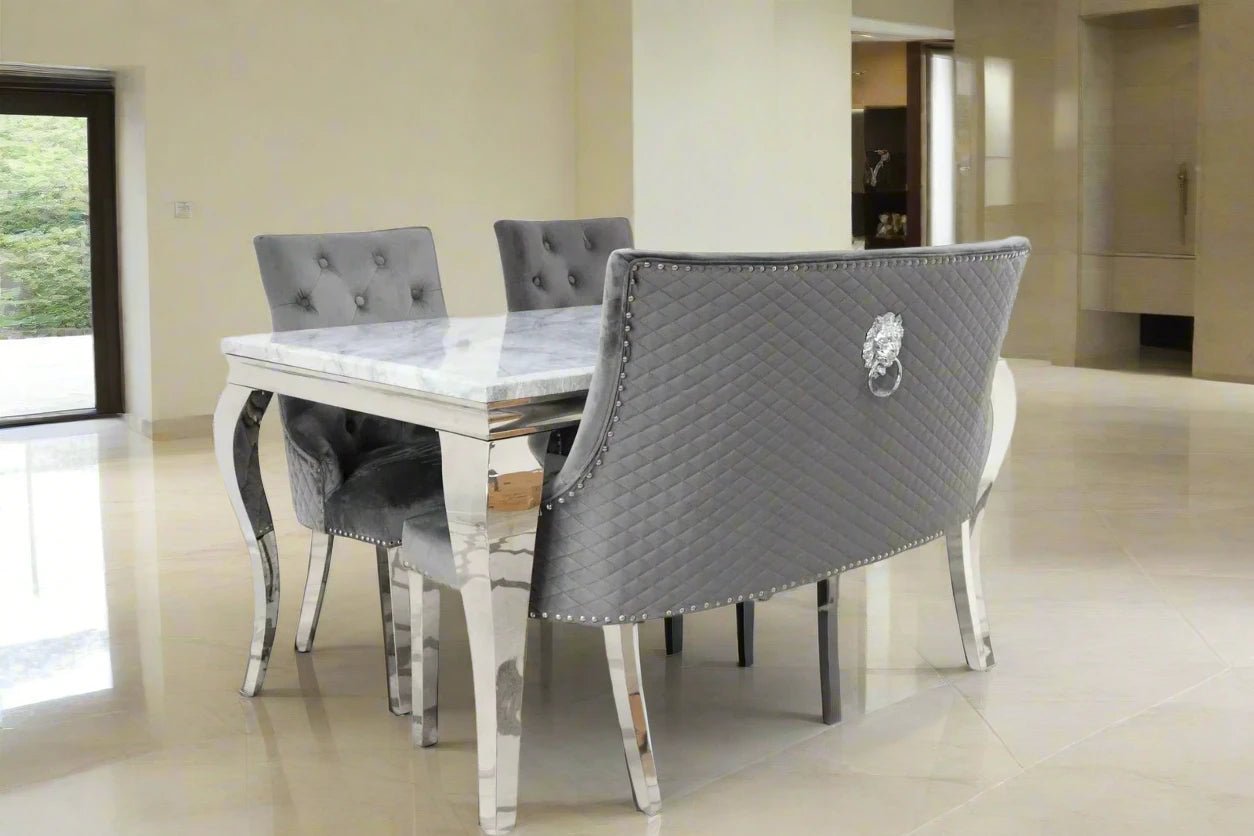 Louis Marble & Chrome Dining Table With Lion Knocker Velvet Chairs & High Back 130cm Bench - Esme Furnishings