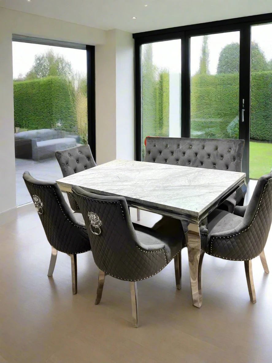 Louis Marble & Chrome Dining Table With Lion Knocker Velvet Chairs & High Back 130cm Bench - Esme Furnishings