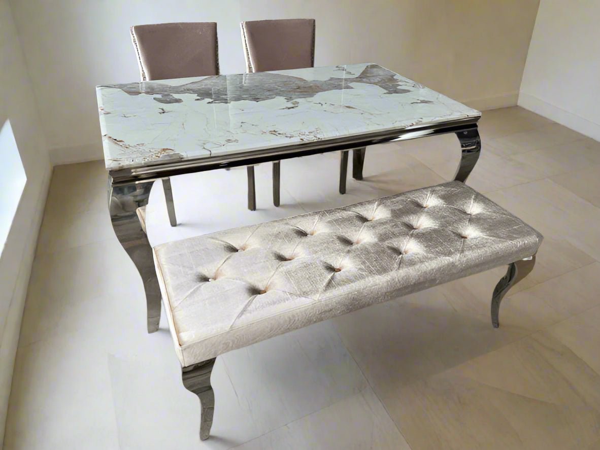Louis Pandora Marble & Chrome Dining Table With Kensington Button Back Beige Chairs & Bench - Esme Furnishings
