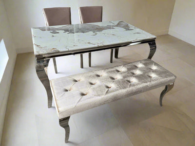 Louis Pandora Marble & Chrome Dining Table With Kensington Button Back Beige Chairs & Bench - Esme Furnishings