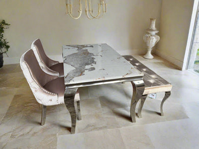 Louis Pandora Marble & Chrome Dining Table With Kensington Button Back Beige Chairs & Bench - Esme Furnishings