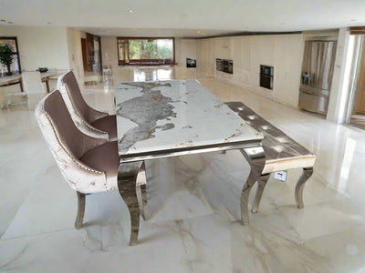Louis Pandora Marble & Chrome Dining Table With Kensington Button Back Beige Chairs & Bench - Esme Furnishings