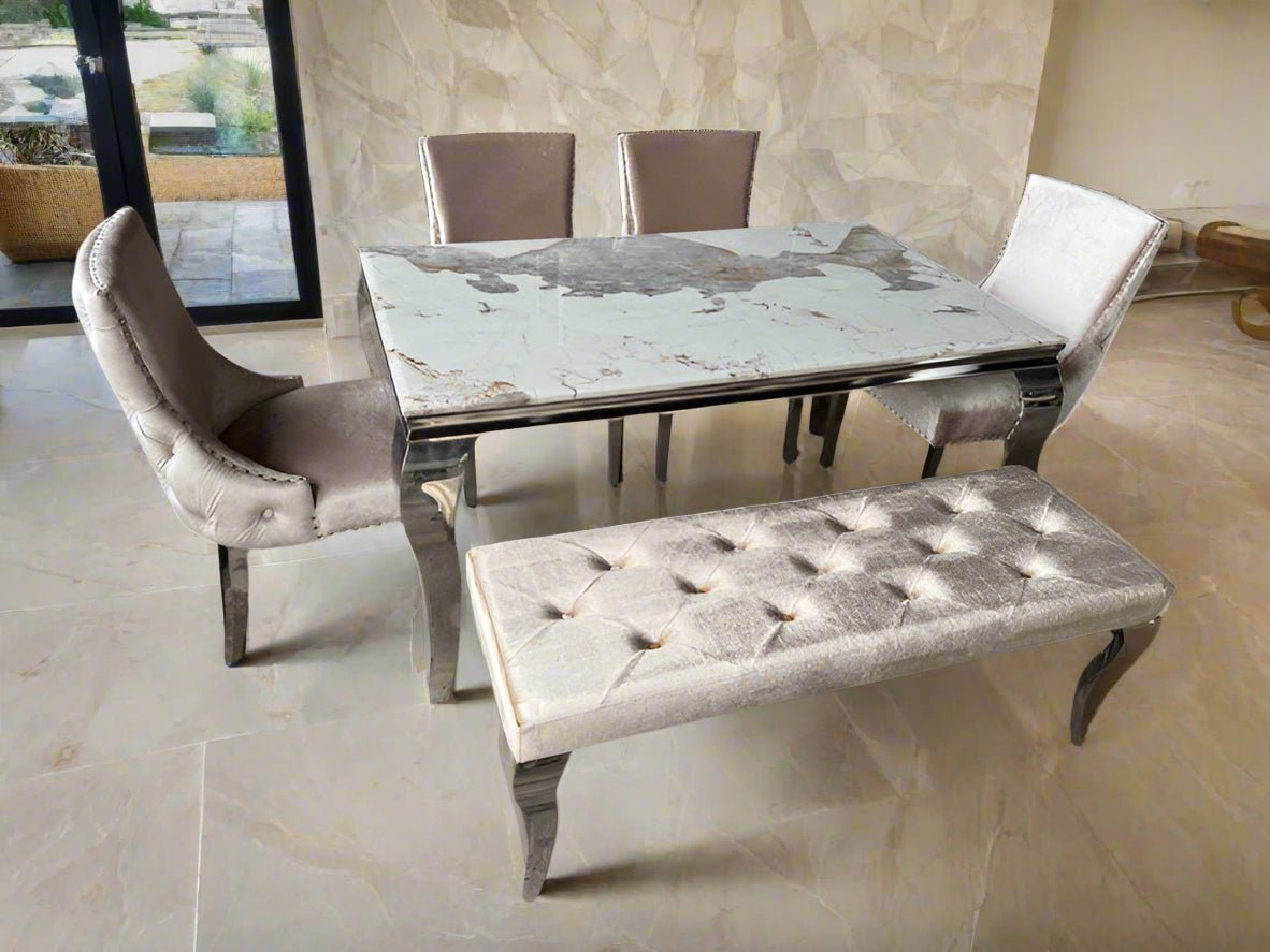 Louis Pandora Marble & Chrome Dining Table With Kensington Button Back Beige Chairs & Bench - Esme Furnishings