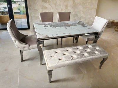 Louis Pandora Marble & Chrome Dining Table With Kensington Button Back Beige Chairs & Bench - Esme Furnishings
