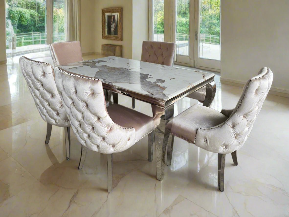 Louis Pandora Marble & Chrome Dining Table With Kensington Button Back Beige Chairs & Bench - Esme Furnishings