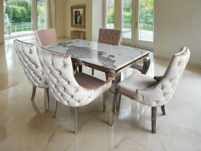 Louis Pandora Marble & Chrome Dining Table With Kensington Button Back Beige Chairs & Bench - Esme Furnishings