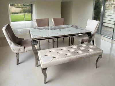 Louis Pandora Marble & Chrome Dining Table With Kensington Button Back Beige Chairs & Bench - Esme Furnishings