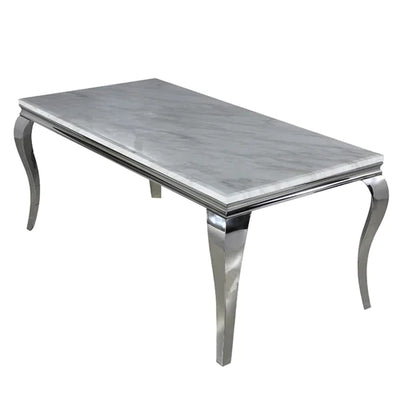 Louis Marble & Chrome Dining Table With Lucy Slim Quilted Lion Knocker Velvet Chairs
