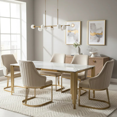 Mayfair 180CM Gold Marble Dining Table With Carlton Gold Velvet Dining Chairs