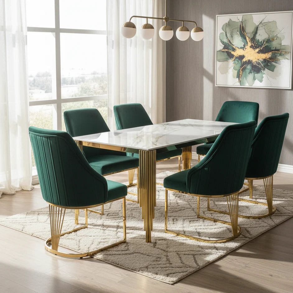 Mayfair 180CM Gold Marble Dining Table With Carlton Gold Velvet Dining Chairs
