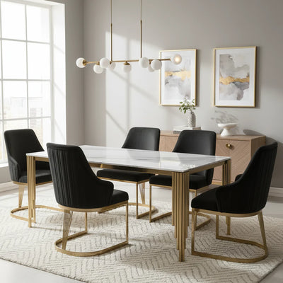 Mayfair 180CM Gold Marble Dining Table With Carlton Gold Velvet Dining Chairs