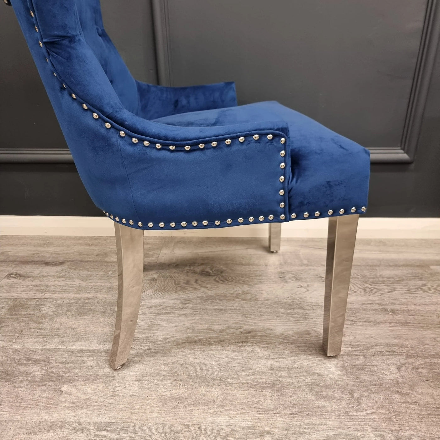 Chrome Ring Knocker Plain Back Tufted Plush Velvet Dining Chair Chrome Legs - 3 Colours