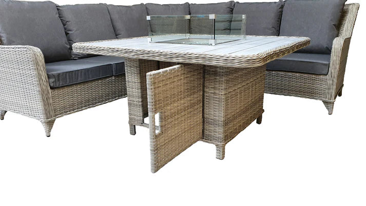 Megan Garden Large Corner Dining Set with Firepit in Cream and Grey