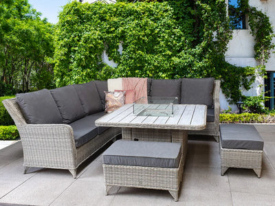 Megan Garden Large Corner Dining Set with Firepit in Cream and Grey