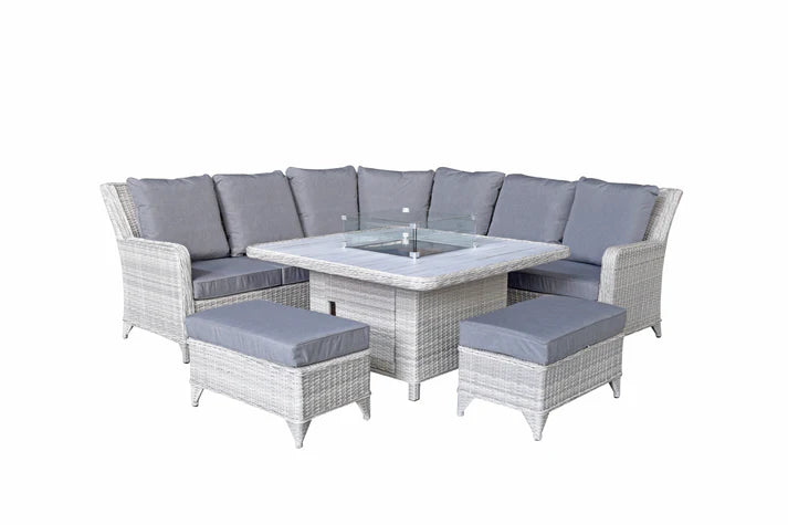 Megan Garden Large Corner Dining Set with Firepit in Cream and Grey