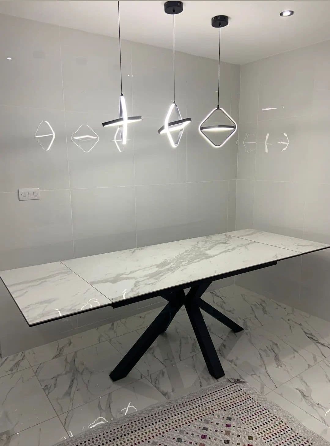 Phoenix 160-240cm White Ceramic Marble Extending Table + Grey Velvet Swivel Dining Chairs