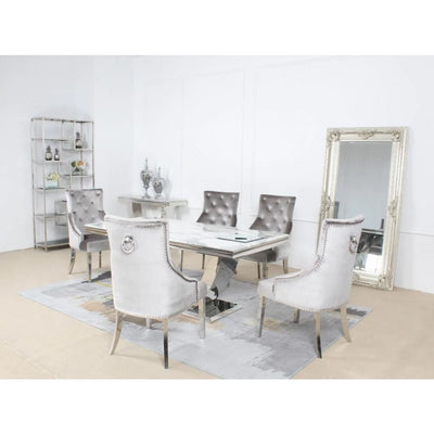Arial Marble & Chrome Dining Table + Chrome Ring Knocker Velvet Chairs