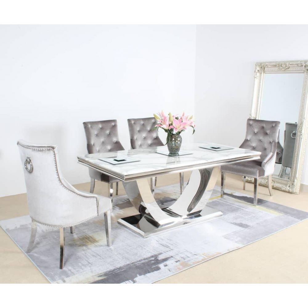 Arial 160cm Marble & Chrome Dining Table + Chrome Ring Knocker Velvet Chairs