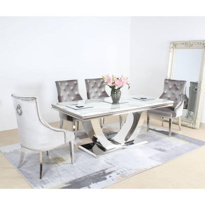 Arial 160cm Marble & Chrome Dining Table + Chrome Ring Knocker Velvet Chairs