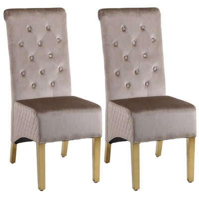 Marcelo Velvet Gold Ring Slim Quilted Knocker Dining Chairs Gold Legs - Pairs - 2 Colours Brown/Beige