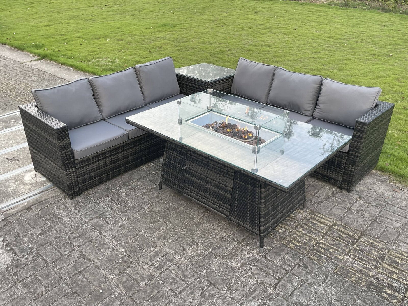 Outdoor 6 Options PE Rattan Garden Furniture Gas Fire Pit Heater Dining Table Sets