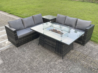 Outdoor 6 Options PE Rattan Garden Furniture Gas Fire Pit Heater Dining Table Sets