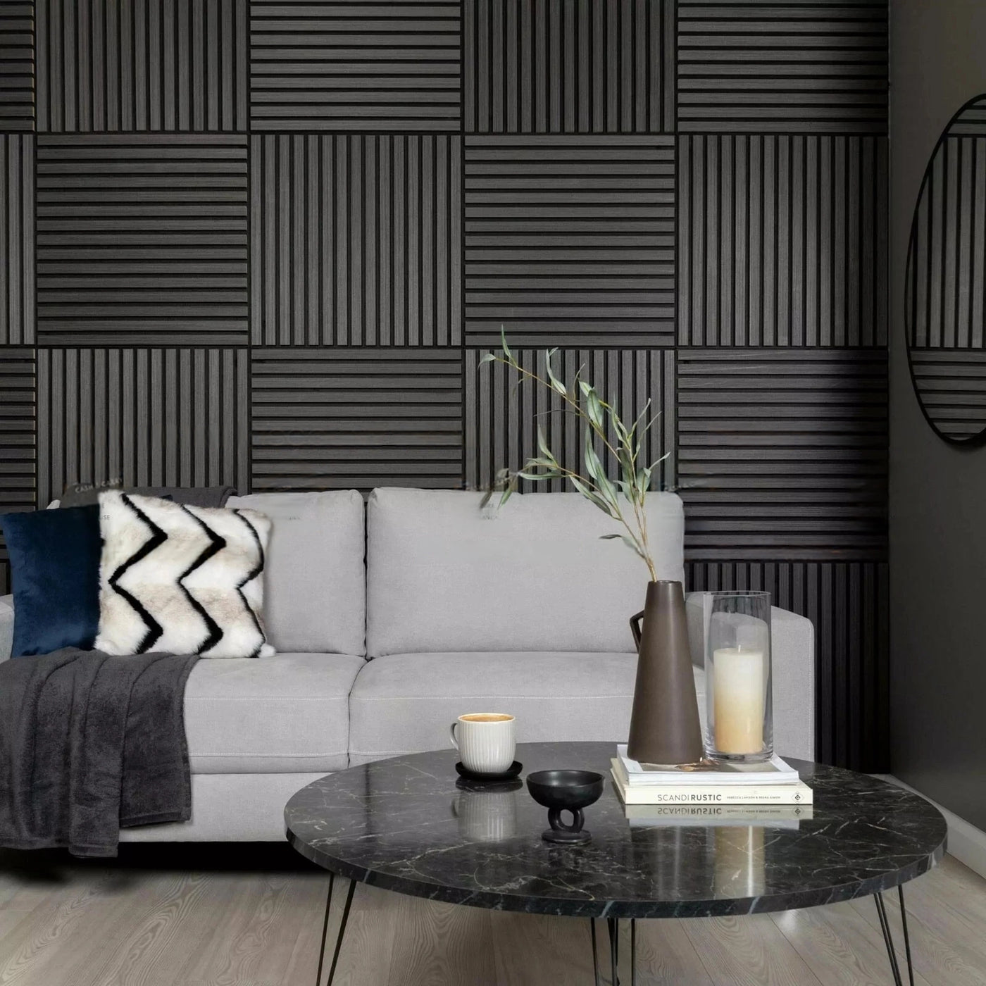 Pack of x4 Charcoal Black 60x60cm Acoustic Square 3D Slatted Wood Wall Panel Box