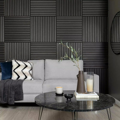 Pack of x4 Charcoal Black 60x60cm Acoustic Square 3D Slatted Wood Wall Panel Box