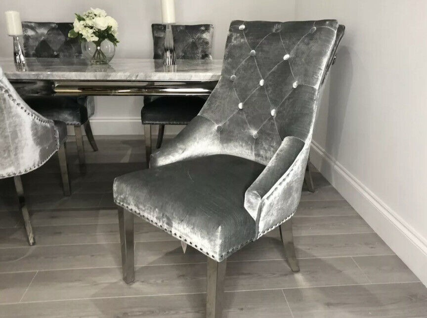 Louis Marble & Chrome Dining Table With Shimmer Chrome Ring Knocker Chairs