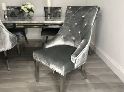 Louis Marble & Chrome Dining Table With Shimmer Chrome Ring Knocker Chairs